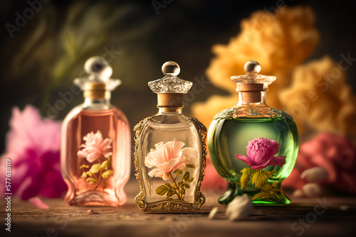 Three elegant perfume bottles with flowers in background. Created with Generative AI technology.