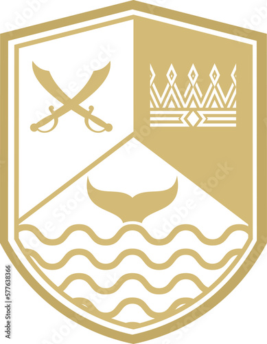 Shield with sword, crown, wave and whale tail