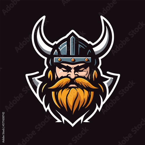 Viking warrior head with horn and helmet. Vector illustration isolated on black background.