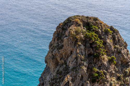 Particolare di roccia con vegetazione a strapiombo sul mare di Capo Vaticano