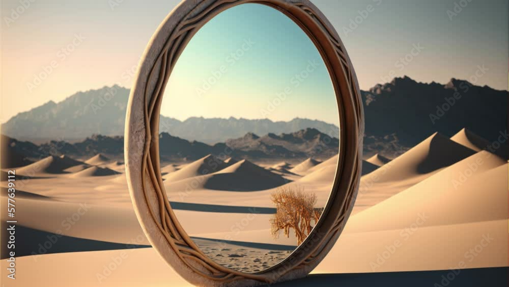Large round mirror in desert, front view