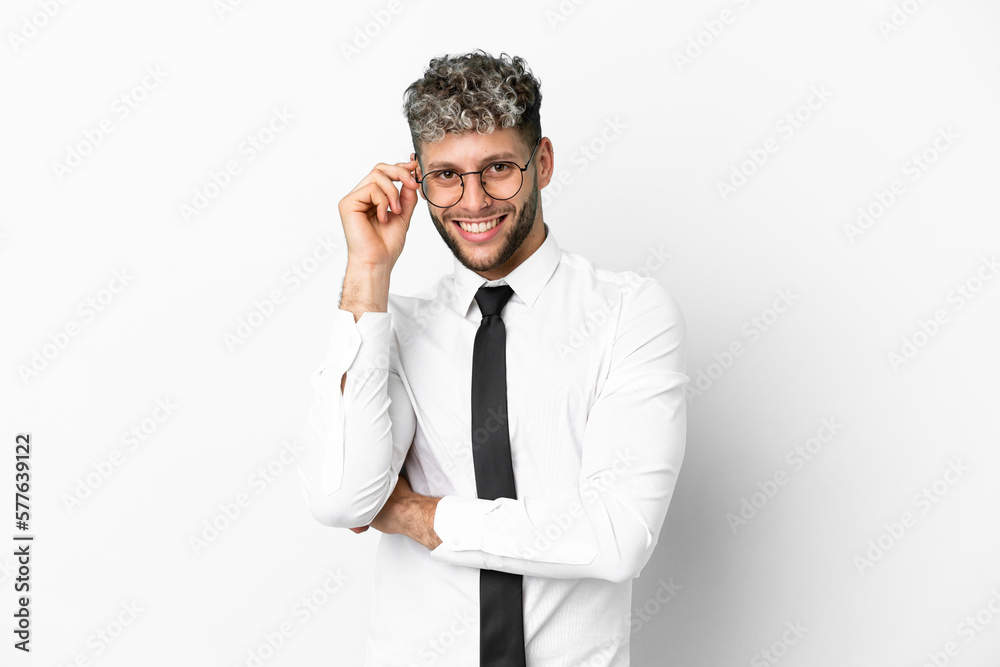 Business caucasian man isolated on white background with glasses and happy Business caucasian man isolated on white background with glasses and happy