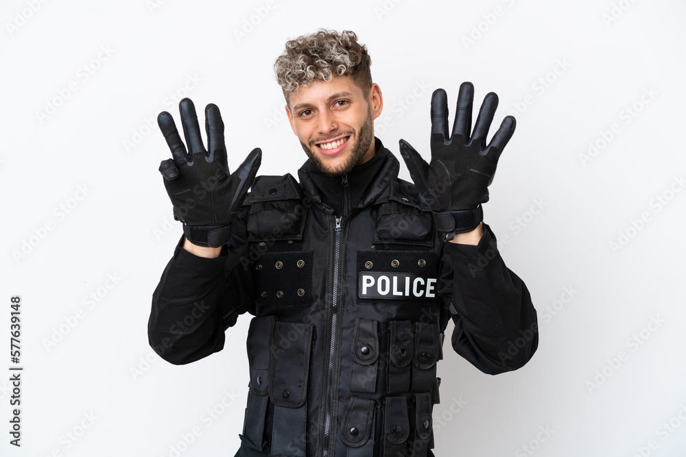 SWAT caucasian man isolated on white background counting nine with fingers SWAT caucasian man isolated on white background counting nine with fingers