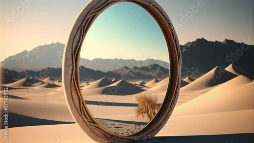 Large round mirror in desert, front view photo