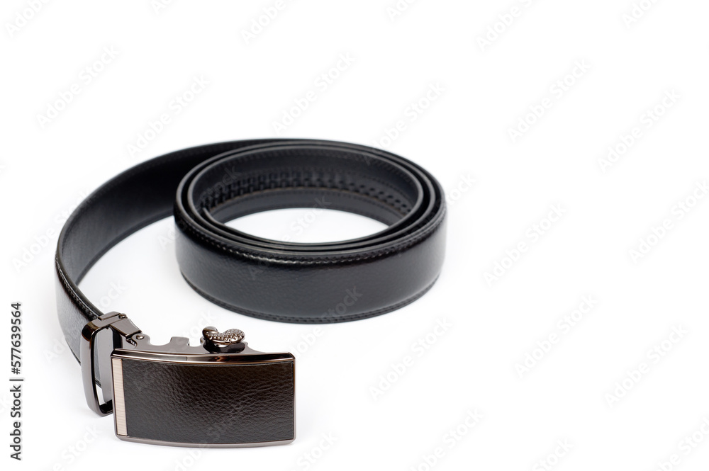 Men's black leather trouser belt with metal clasp. Men's black leather trouser belt with metal clasp.