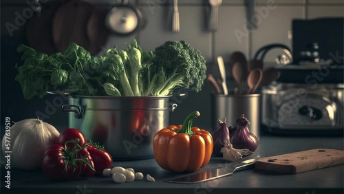 fresh vegetables fruits on kitchen counter, front view