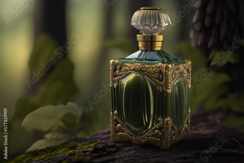 Luxury perfume in an expensively decorated green bottle standing in forest outdoors. Illustration created by Generative AI