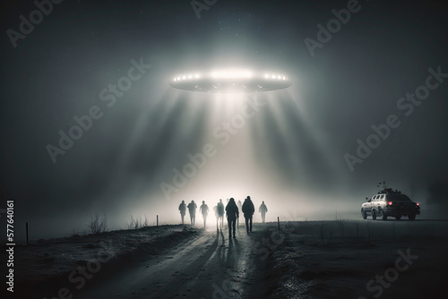 A mesmerized group of individuals stares up at the night sky, transfixed by a mysterious unidentified flying object hovering in the midst of ethereal, misty lights. Generative AI