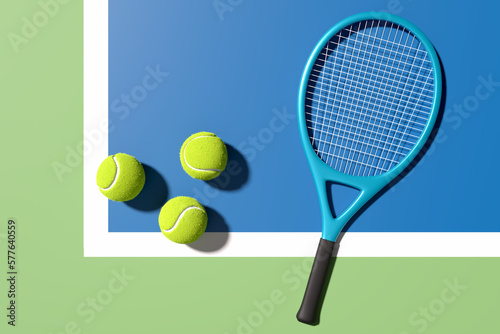Three tennis balls and tennis racket on blue tennis court with lines. 3D rendering. Flat lay overhead view.