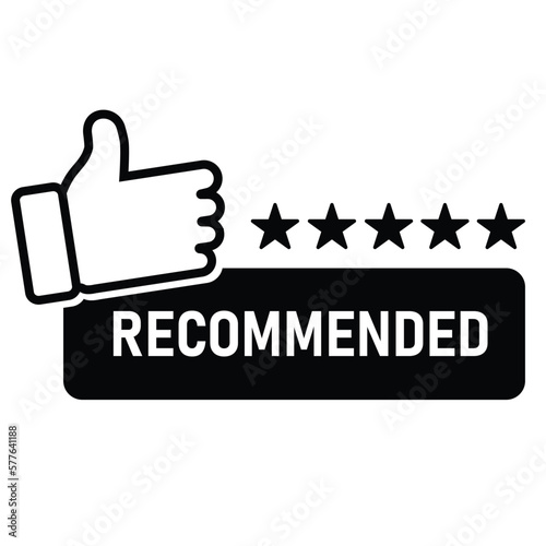 Recommended sign icon for great deal good deal with thumb up sign five stars black color
