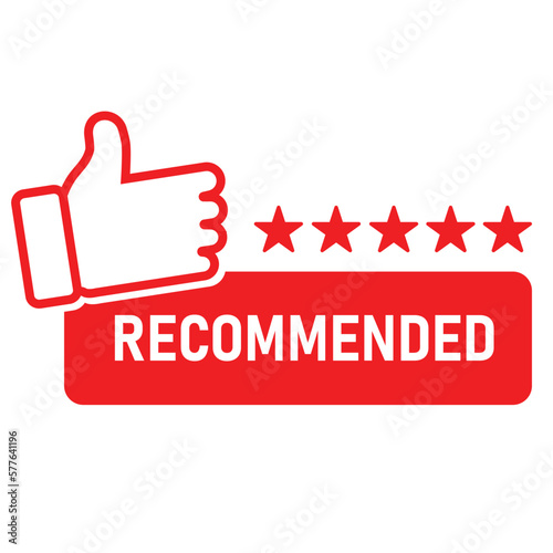 Recommended sign icon for great deal good deal with thumb up sign five stars red color