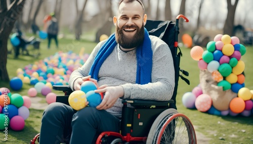 a man with disabilities sits in a wheelchair and smiles at the camera in a park filled with easter eggs and bunnies around, Generative AI