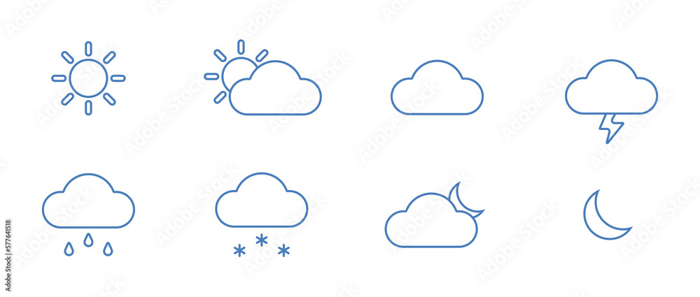 Set of 8 basic weather icons. Nature clipart. Contour simple style. Can be used for web, apps, stickers. Isolated vector and PNG illustration on transparent background.