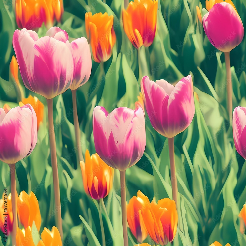 Obraz premium Seamless tulip pattern, created with generative ai technology