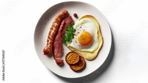 Fried egg, bacon and chicken sausage in white plate, isolated on white background.