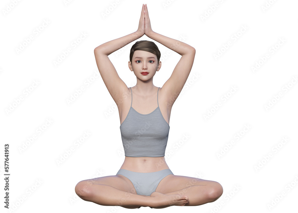 ヨガポーズ　胡座で両手を頭上に上げたポーズの女性の全身正面 座位の3Dモデル