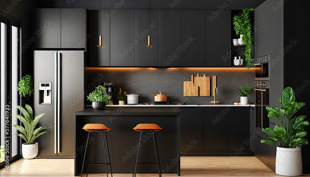 Modern kitchen design, interior design. Just black. For designers and architects. Graphics for a blog or article. Generative AI Modern kitchen design, interior design. Just black. For designers and architects. Graphics for a blog or article. Generative AI