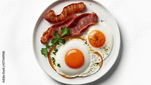 Fried egg, bacon and chicken sausage in white plate, isolated on white background.