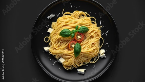 Spaghetti with black plate. top view