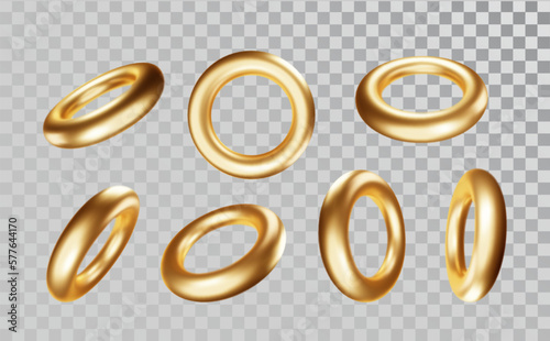 Torus in various projections on transparent background. Gold realictick 3d torus model icons