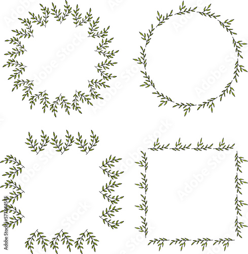 Set of frames with adorable green branches on white background. Vector image.