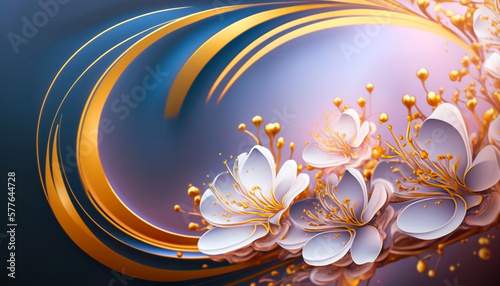 Gold and blue background with blooming pink cherry flowers on a blurred background. Created with generative AI.