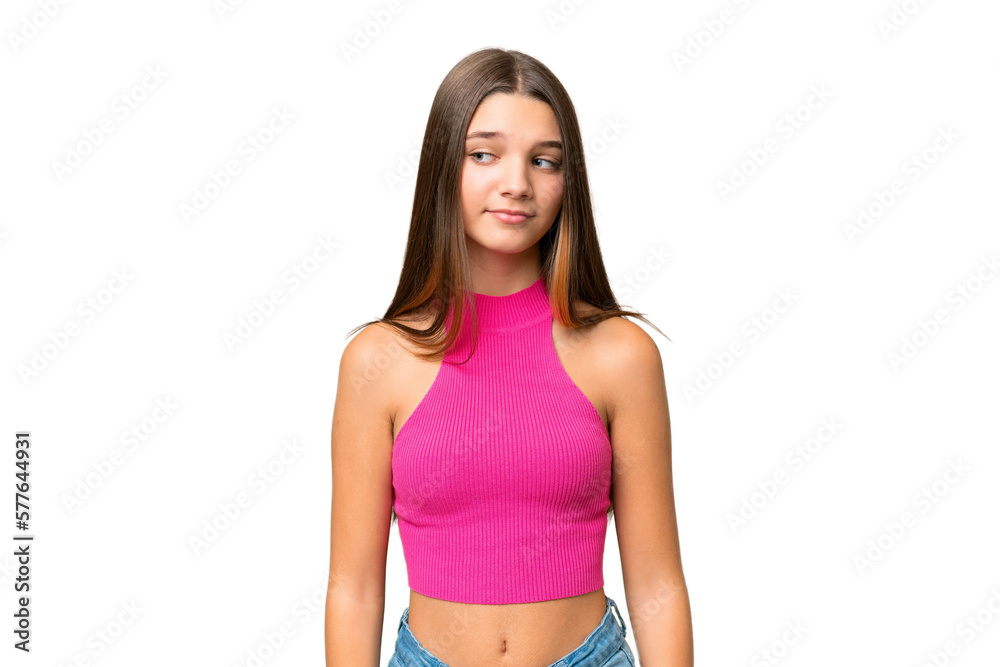 Teenager caucasian girl over isolated background making doubts gesture looking side Teenager caucasian girl over isolated background making doubts gesture looking side