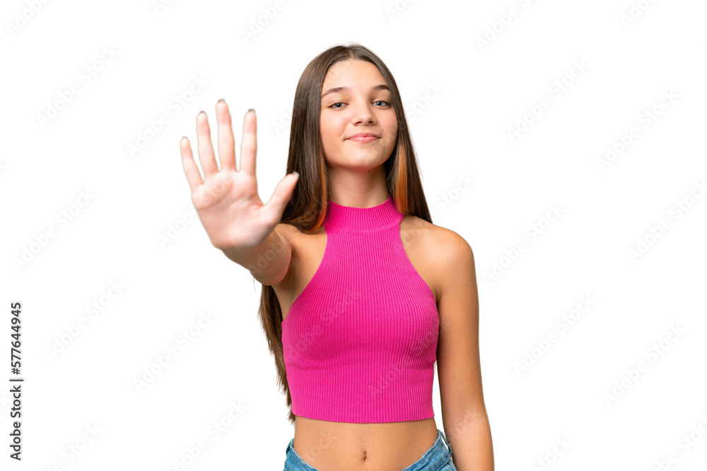 Teenager caucasian girl over isolated background counting five with fingers Teenager caucasian girl over isolated background counting five with fingers