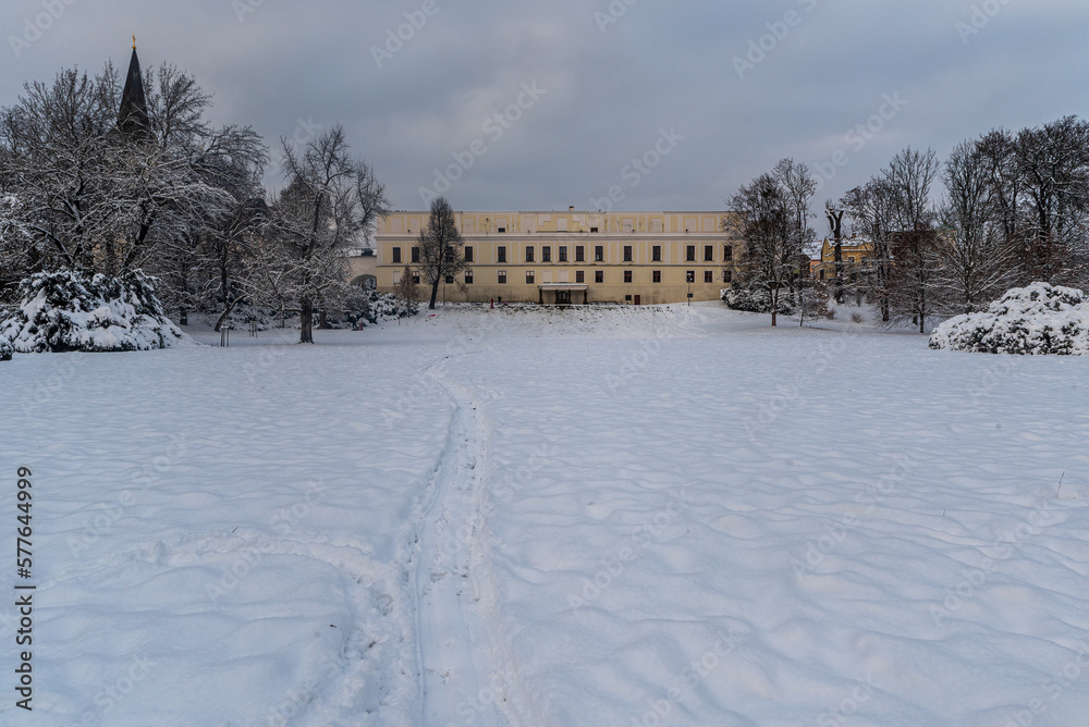 Frystat castle from Park Bozeny Nemcove in Karvina city in Czech republic during winter