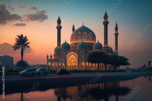 Ras al Khaimah's biggest mosque in UAE's northern emirate at dusk. Photo generative AI