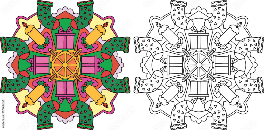 Hand-drawn. Christmas Socks, gift boxes, and candles mandala. Doodles art for Merry Christmas or Happy new year card. Coloring page for adults and kids.
