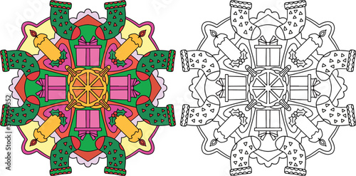 Hand-drawn. Christmas Socks  gift boxes  and candles mandala. Doodles art for Merry Christmas or Happy new year card. Coloring page for adults and kids. 
