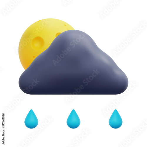 3d cloud, raindrop and moon icon vector. Isolated on white background. 3d weather, meteorology, forecast and nature concept. Cartoon minimal style. 3d rainy night icon vector render illustration.