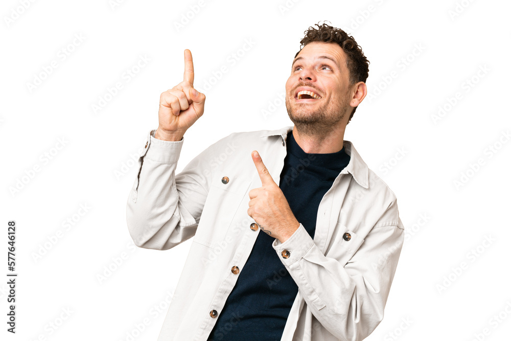 Brazilian man over isolated chroma key background pointing with the index finger a great idea Brazilian man over isolated chroma key background pointing with the index finger a great idea