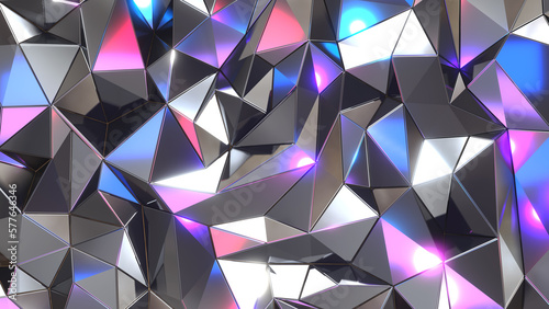 Silver mosaic background, shiny metal polygons abstract pattern, triangle shapes purple blue metallic