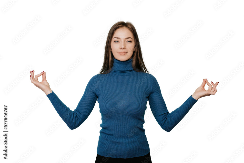 Confident European young woman with long loose hair in blue sweater holding hands in a meditation pose with joined fingers against transparent background. Balance and calmness concept. Mockup. Confident European young woman with long loose hair in blue sweater holding hands in a meditation pose with joined fingers against transparent background. Balance and calmness concept. Mockup.