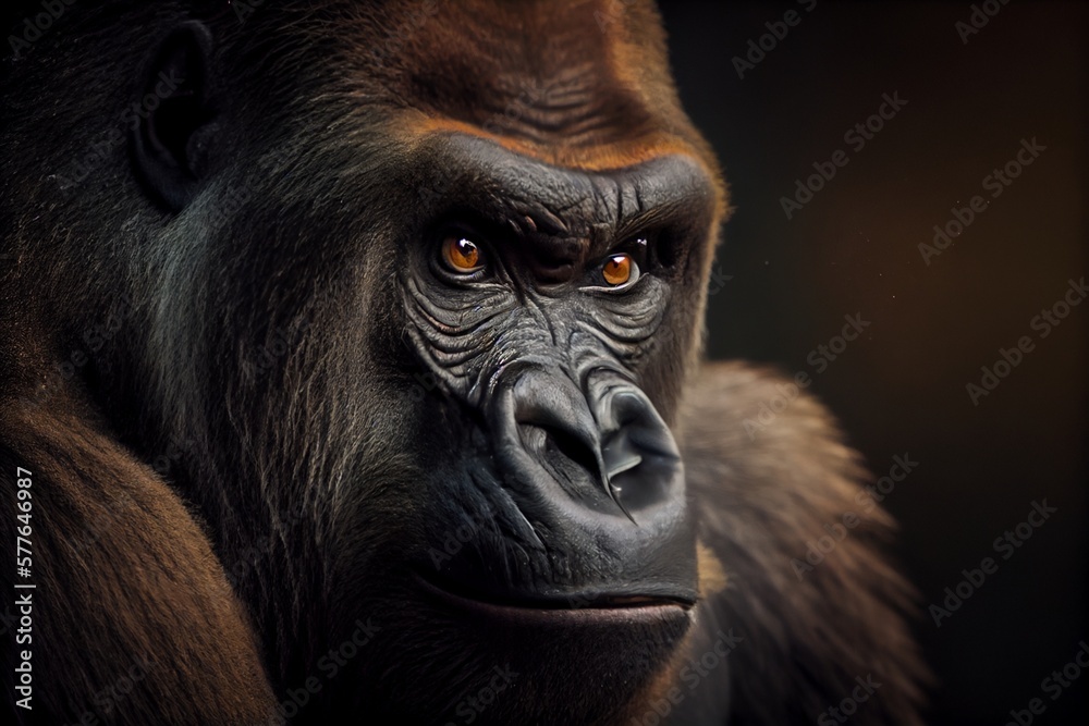A gorilla with a red eye is in front of a dark background. Generative AI, Generative, AI