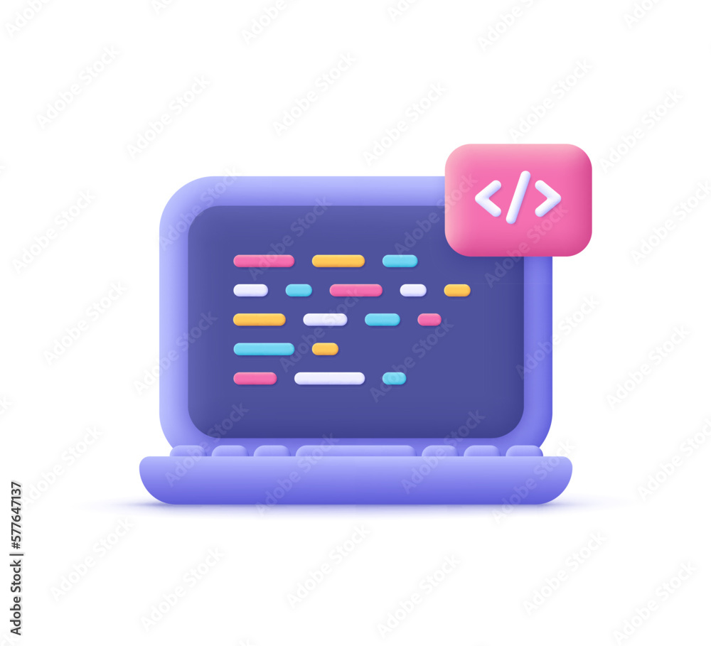 Computer laptop and program code development, coding screen. IT technologies, website programming, project data programming, software engineering concept. 3d vector icon. Cartoon minimal style. Computer laptop and program code development, coding screen. IT technologies, website programming, project data programming, software engineering concept. 3d vector icon. Cartoon minimal style.