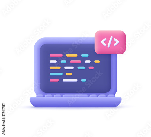 Computer laptop and program code development, coding screen. IT technologies, website programming, project data programming, software engineering concept. 3d vector icon. Cartoon minimal style.