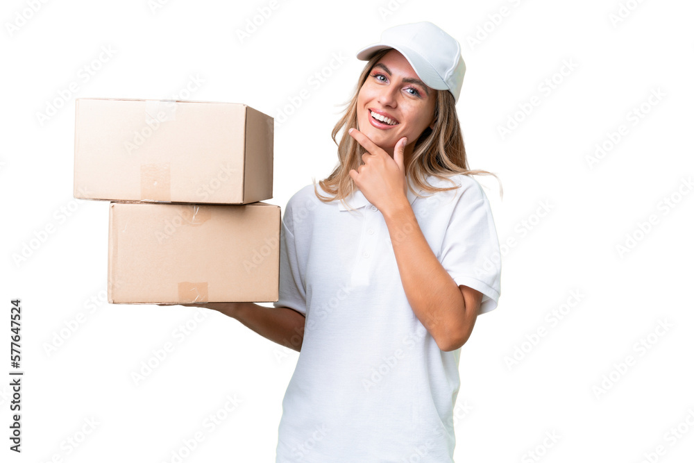 Delivery Uruguayan woman over isolated background happy and smiling Delivery Uruguayan woman over isolated background happy and smiling
