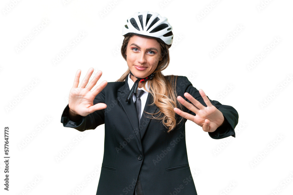 Business Uruguayan woman wearing a helmet biker over isolated background counting nine with fingers Business Uruguayan woman wearing a helmet biker over isolated background counting nine with fingers