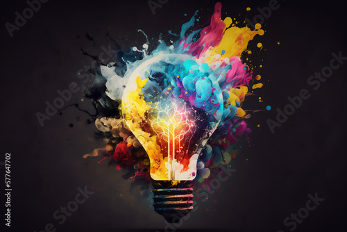 Creativity concept with light bulb made from watercolor paint with a clear background. Generative AI.