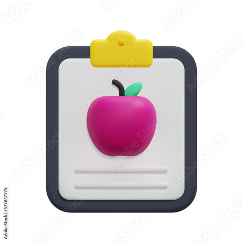 3d diet planning checklist icon vector. Isolated on white background. 3d fitness, medicine and healthcare concept. Cartoon minimal style. 3d diet healthy lifestyle icon vector render illustration.