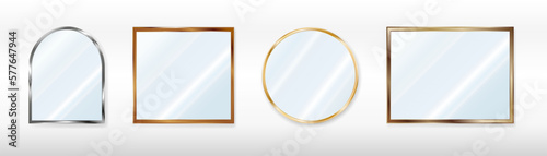 A set of mirrors of various shapes in silver, cooper, bronze and gold frames. Reflective glass plate. 3d vector illustration isolated on white background.