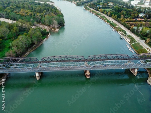 Aerial drone. Bridge over the river Po in Cremona, 