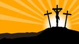 Good friday Easter background panorama vector illustration - Silhouette of Crucifixion of Jesus Christ in Golgota / Golgotha jerusalem israel, with sunrise sunbeams and three crucefix crosses