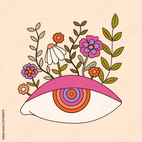 Colorful groovy eye and flowers illustration in 70s and 60s style. Vintage hippie abstract art. Psychedelic hypnosis concept. Vector graphic design.