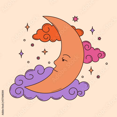 Colorful groovy moon and clouds illustration in 70s and 60s style. Vintage hippie abstract crescent with face. Psychedelic art. Vector graphic design.