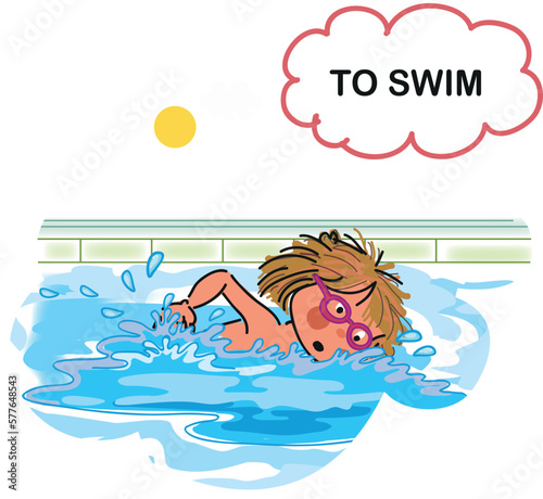 child swimming in the pool, hand drown vector illustration