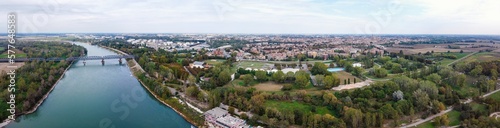 Aerial drone. Bridge over the river Po in Cremona, "Ponte di Po" between Lombardy and Emilia Romagna, Italy